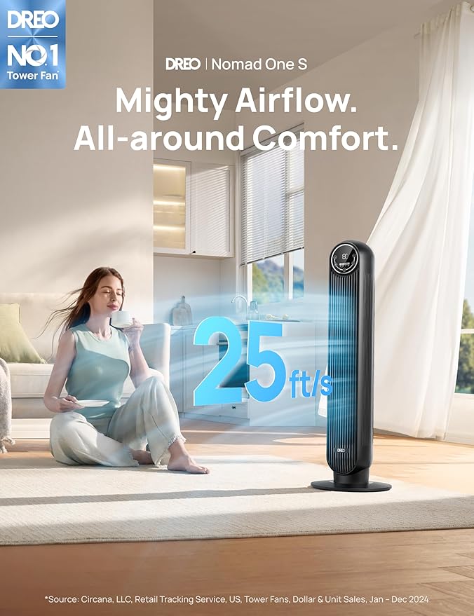 Dreo Tower Fan for Bedroom, Smart Oscillating Quiet Floor Fans, Standing Bladeless Fan with Remote and WiFi Voice Control, 4 Modes, 4 Speeds, 8H Timer, 28dB, Works with Alexa/Google