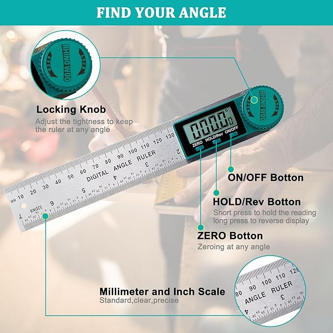 Digital Angle Finder Protractor, Angle Finder Ruler with 7inch/200mm, Angle Measuring Tool for Woodworking/Carpenter/Construction/DIY Measurement(2 Batteries Included) (Stainless Steel)