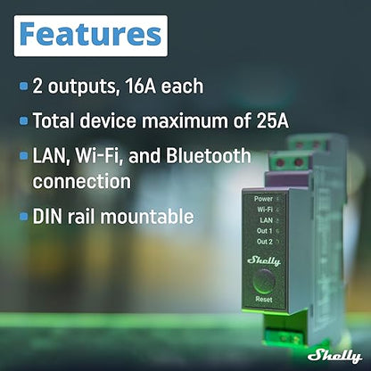 Shelly Pro 2 | Wi-Fi & LAN, 2-Channel Smart Relay | Home & Facility Automation | Compatible with Alexa & Google Home | iOS Android App | Lights Automation | Controller for Motorized Valve