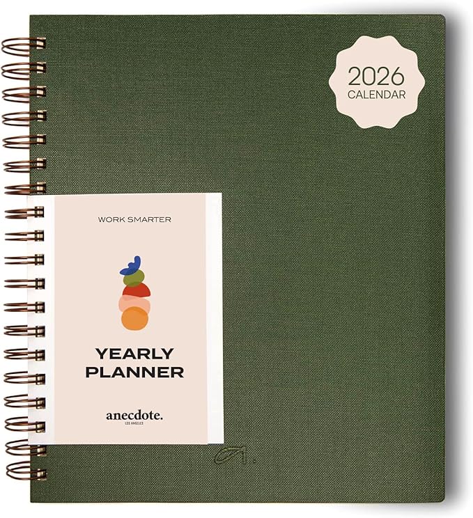 Anecdote 2026 Planner (8.5" x 10") Daily Planner Weekly Monthly Planner - 52 Weeks w/Library Buckram Cover, Brass Spiral - A4 Size Bleed-Resistant Paper – Evergreen
