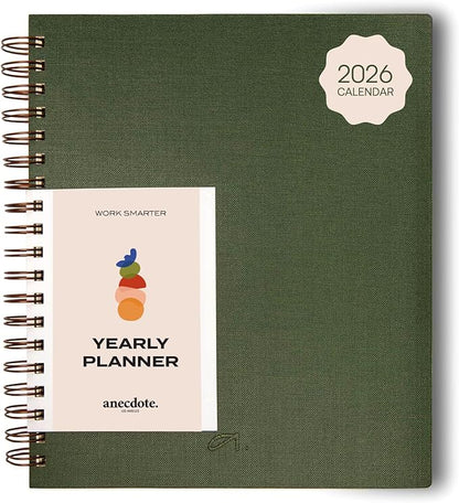 Anecdote 2026 Planner (8.5" x 10") Daily Planner Weekly Monthly Planner - 52 Weeks w/Library Buckram Cover, Brass Spiral - A4 Size Bleed-Resistant Paper – Evergreen
