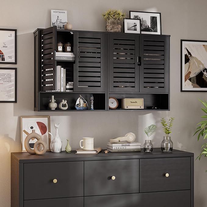 SMIBUY Bathroom Cabinet Wall Mounted, Bamboo Over-The-Toilet Storage Organizer, Space Saver Medicine Cabinet with 2 Door and Adjustable Shelves (Black)