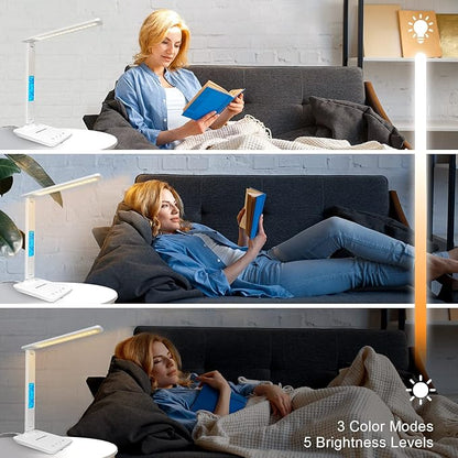 snsok Desk Lamp with Wireless Charger, USB Charging Port, Dimmable Office Desk Light with Clock, Alarm, Date, Temperature, Foldable Lamp for Table Bedroom Bedside Office (White)