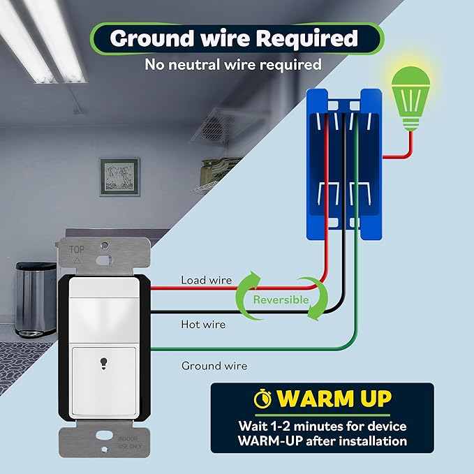 TOPGREENER Motion Sensor Switch, PIR Sensor with Ambient Light Level, 𝐍𝐨 𝐍𝐞𝐮𝐭𝐫𝐚𝐥 𝐑𝐞𝐪𝐮𝐢𝐫𝐞𝐝, Ground Wire Required, Occupancy & Vacancy Modes, Single Pole, TDOS5-JM-W-2PCS, White