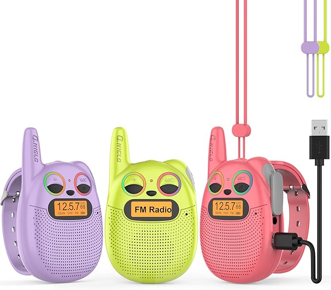 Qniglo Walkie Talkies for Kids Rechargeable 3 Pack, Christmas Birthday Gifts for Girls Age 3-12, Kid Walkie Talkie with FM Radio, Outdoor Camping Games, Spy Toys for 4 6 7 8 9 Year Old Boys Toddler