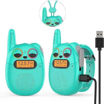 Qniglo Walkie Talkies for Kids Rechargeable, Christmas Birthday Gifts for Boys Age 3-12,Long Range Kids Walkie Talkies with FM Radio for Outdoor Camping Toys for 5 6 7 8 9 10 Year Old Teens Boy 2 Pack
