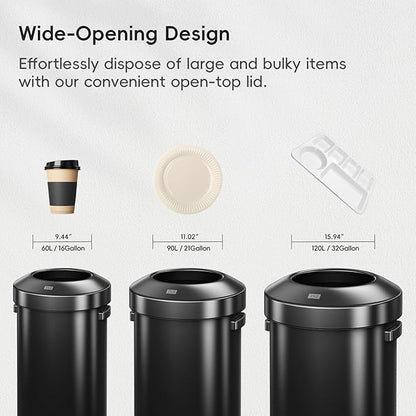 EKO Urban 24 Gallon Round Black Stainless Steel Open Top Waste Bin, Tall Commercial Trash Can for Indoor/Outdoor, Extra Large Metal Garbage Bin for Office, Restaurant, Restroom, 90L