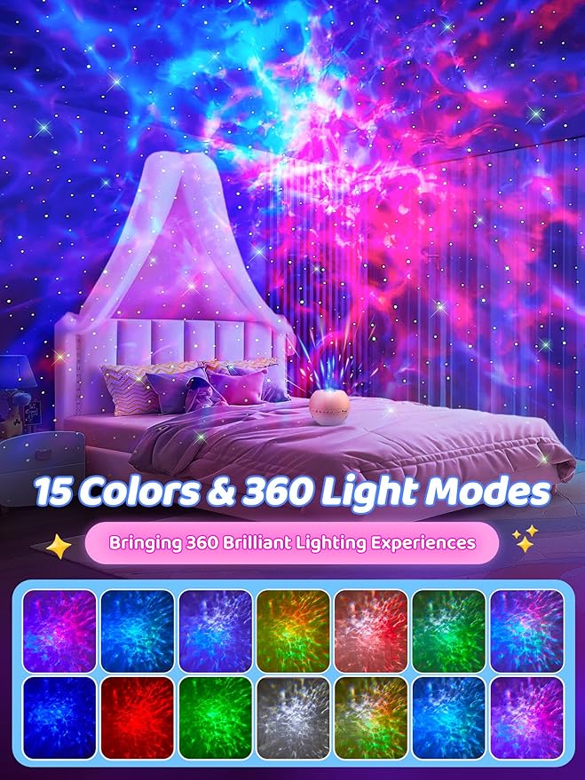 Galaxy Projector for Bedroom, 15 Colors Star Projector Galaxy Light Projector, Bluetooth Speaker Star Night Light Projector for Bedroom, 15 White Noise Nebula Projector, Remote Stars for Ceiling