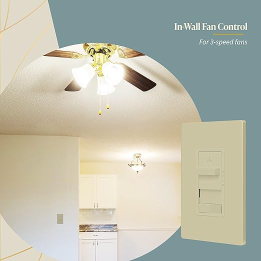TOPGREENER Kalide Light Switch and 3-Speed Ceiling Fan Control Combo, in Wall Light and Fan Combination Switch, Single Pole, 2.5A, 720W, Neutral Wire Not Required, TGSFS3-I, Ivory