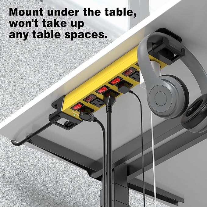 Heavy Duty Power Strip - 6 Outlet Power Strip with 6 Individual Switches Cord Manager Surge Protector 1200J Home Office Garage Industrial Workshop