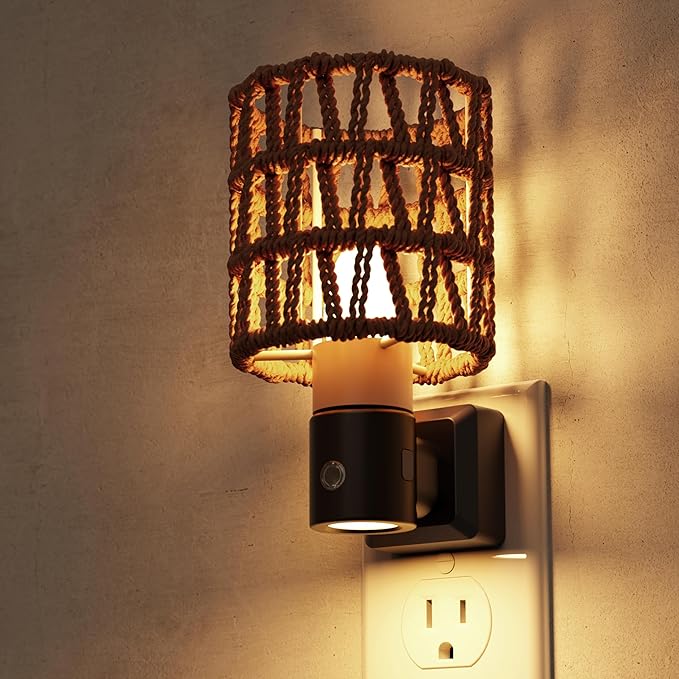 L LOHAS LED Night Lights Plug into Wall, Cylindrical Ironwork Boho Lampshade Decor Night Light, 350° Rotatable Dusk to Dawn Sensor Vintage Nightlight, Dimmable for Bedroom Living Room Hallway