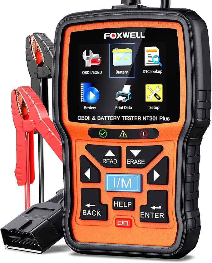 Upgraded of NT301, 2-in-1 FOXWELL NT301 Plus OBD2 Scanner Car Battery Tester, Professional Code Reader Check Engine Diagnostic Scanner Tool, 12V Automotive Cranking Charging Analyzer for 1996+ Vehicle