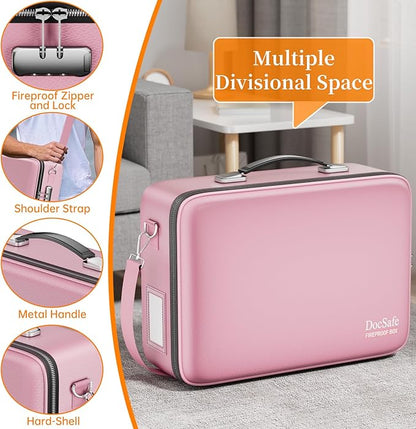 DocSafe Fireproof Document Box with Lock, Hard Case File Organizer with Accordion File Folder, Fireproof Water Resistant Safe Box Home Office Travel Storage for Important Documents Laptop Pink
