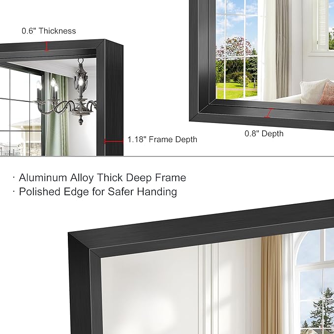 Black Bathroom Mirror, 28x60 Inch Large Rectangle Mirror, 0.6" Thickened Deep Frame Mirrors for Wall Over Sink, Shatterproof Tempered Glass, Brushed, Antirust, Horizontally or Vertically