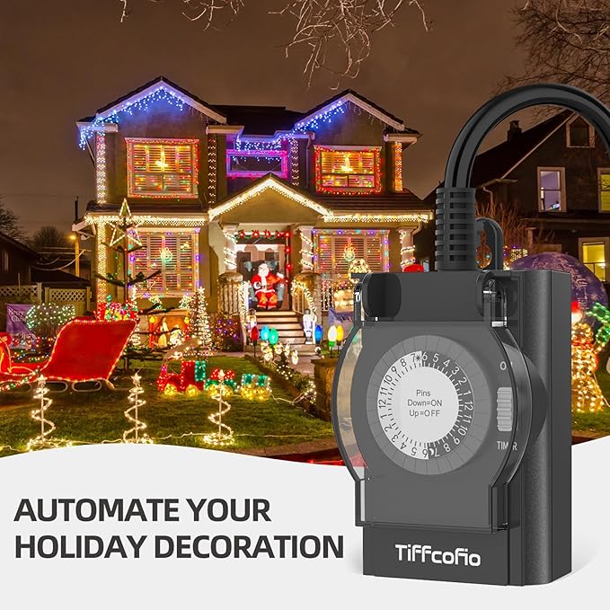 Outdoor Timer Outlet Waterproof, 24 Hour Mechanical Light Timer Outdoor, 2 Grounded Outlets for Home and Garden, 15A 1/2HP, Heavy Duty, ETL Listed (1 Pack)