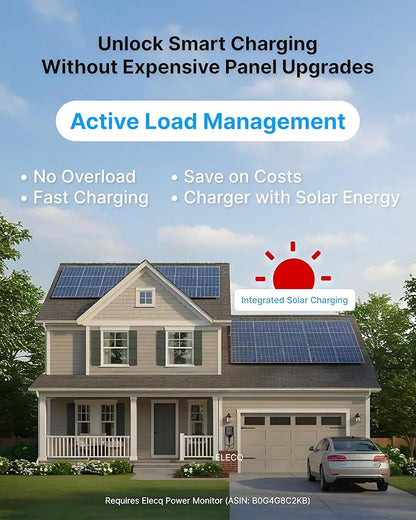 ELECQ Smart Level 2 EV Charger, Active Load Management, Solar EV Charging Mode, Wi-Fi Enabled, OCPP Compatible & Future-Proof, 40A NEMA 14-50 Plug-in EV Charger for Home with J1772 Connector