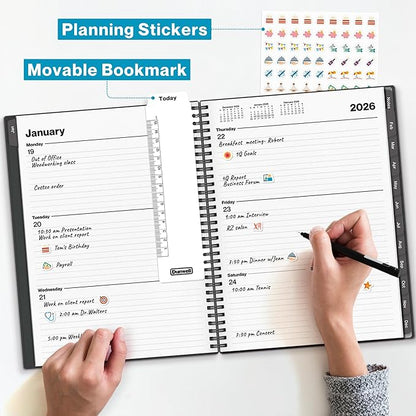 Dunwell 2026 Planner Book 8.5x11, Weekly Monthly Calendar, Jan to Dec, Large Daily Organizer with Laminated Tabs, Bookmark, Notes Section & Stickers