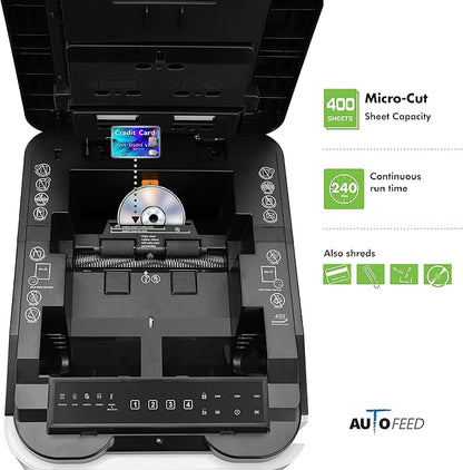 Aurora Commercial Grade 400-Sheet Auto Feed High-Security Micro-Cut Paper Shredder/ 240 Minutes/Security Level P-5
