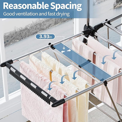 APEXCHASER Clothes Drying Rack with High Hanger, Foldable 3-Level Drying Racks with Shoe Rack, Crossbar and Vertical Rod Laundry Stand with Adjustable Wings Silver