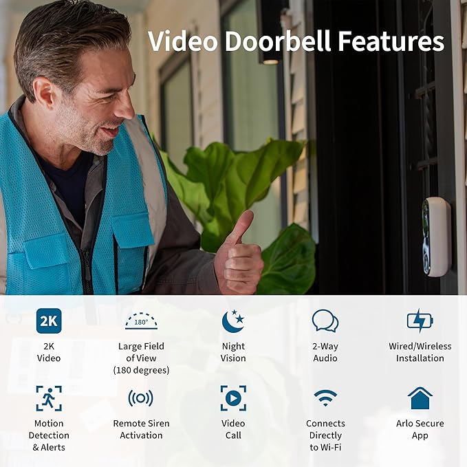 Arlo Video Doorbell 2K (2nd Gen, Latest Release), Wireless or Wired Option, 2-Way Audio, Night Vision, Head to Toe Video View, Package Detection, Person & Vehicle Recognition, 1-Month Secure Plan