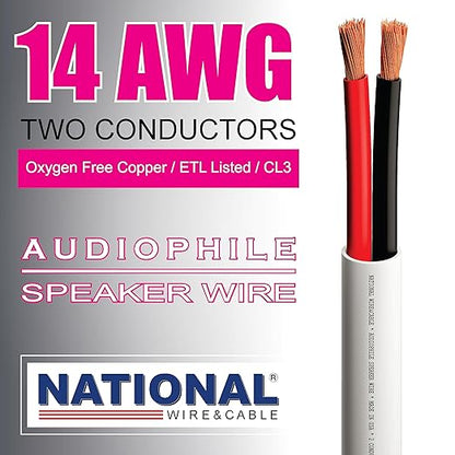 NATIONAL Wire&Cable - 14/2 Audiophile Speaker Wire (200 Feet) 14AWG Gauge - Made in USA - in Wall Audio Speaker Wire Cable/CL Rated/ETL Listed / 2 Conductors - OFC Oxygen-Free Copper, White 200ft