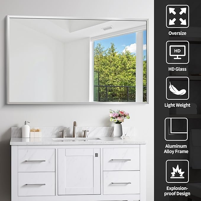 Silver Bathroom Mirror for Wall, 30x48 Inch Rectangle Mirrors with Metal Frame, Modern Vanity Wall Mirror Decor for Bathroom Living Room, Entryway Hangs Horizontal or Vertical