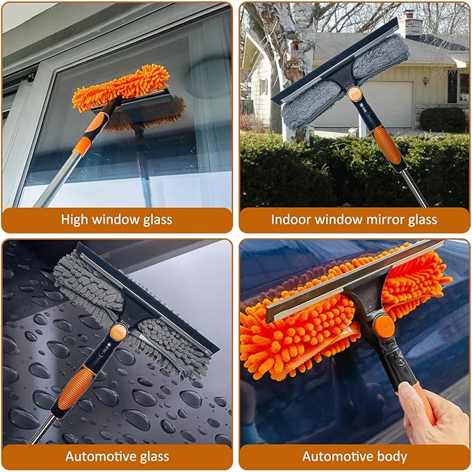 20 ft+ Reach Squeegee Window Cleaner Duster 2 in 1 Rotatable Window Cleaning Tool Kit with 3-14 ft Extension Pole, Window Washing Equipment for Indoor Outdoor Window Car Glass - 3 Pads