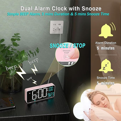 KOSUMOSU Alarm Clocks for Bedrooms, 6.7in Small Digital Clock, Auto Dimming, Room Temperature, Day of The Week, Date, Seconds, Digital Clocks for Living Room, Alarm Clock