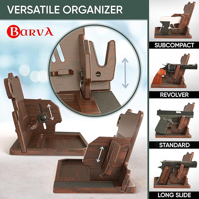 BarvA 2 Phone Docking Station | Patented Adaptive Wood Gun Rack | Night Stand Room Decor | Gun Accessories Gifts for Men | Smart Watch & Phone Stand | Charging Station Desk Organizer
