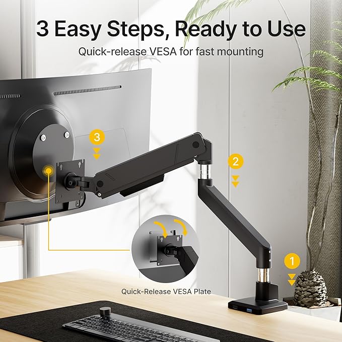 monTEK Single Monitor Arm with USB for Max 45 Inch Ultrawide Screens Adjustable Monitor Desk Mount Holds 35 Lbs Cable Management with C Clamp/Grommet Desk Mount, VESA 75/100mm, MA1007UCBK