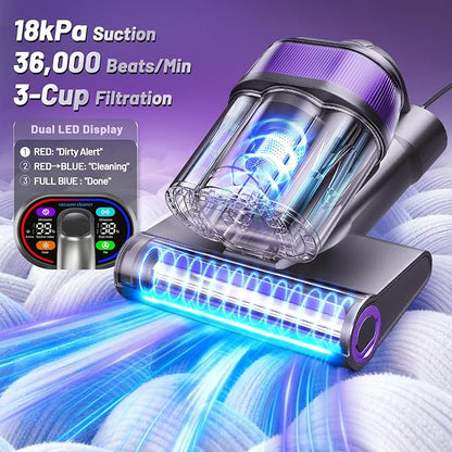 LED Display Mattress Vacuum Cleaner, 18Kpa Bed Vacuum Cleaner with 253.7nm UV-C Light, HEPA Filter & Ultrasoni, 149℉ Heat, Triple-Cup Versatile Handheld Vacuums for Bed Sofa Carpets Pet Hair Fine Dust