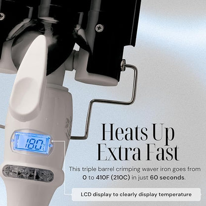 Alure Three Barrel Curling Iron Wand Hair Waver with LCD Temperature Display - 1 Inch Ceramic Tourmaline Triple Barrels, Dual Voltage Crimp (Black/White)