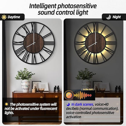 LEIKE Large Wall Clocks with Night Light Battery Operated,Silent Non Ticking,Rustic Modern Big Wood Clock for Living Room, Bedroom,Kitchen,Farmhouse,Office,Home Decor-30 Inch(Roman Numerals)