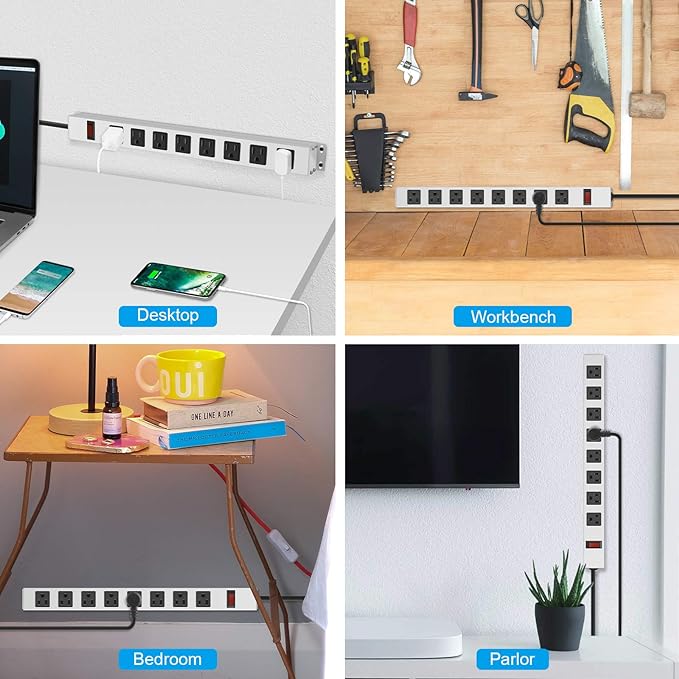 JUNNUJ Metal 8 Outlet Power Strip, Mountable Heavy Duty Power Strip, 1200J Surge Protector Wall Mount Screws Outlet with Switch, Gaming Desk Strips Wide Spaced 15A 125V 1875W, 15 FT 14AWG Power Cord