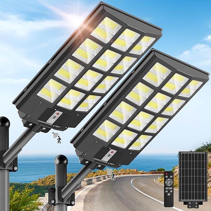 Solar Lights Outdoor Waterproof, 8000W Solar Street Light with Motion Sensor, 7000K Dusk to Dawn Security Flood Lights IP66, Commercial Outdoor Lighting for Parking Lot, Yard, Driveway, Farm(2 Pack)