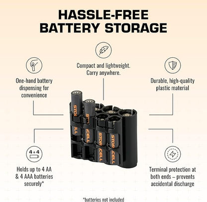 Storacell AA + AAA Combo Battery Storage Caddy and Dispenser, Black, Holds 4 AA + 4 AAA Batteries (Not Included), Durable & Compact Design, The Original Battery Caddy, Made in The USA
