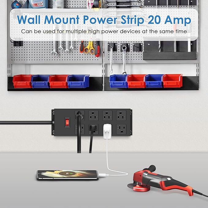 JUNNUJ Heavy Duty 20 Amp Power Strip, Garage 8 Outlets Metal 12 Gauge Surge Protector 3000J, High Amp 5-15P Adapter Shop 6-20R T-Slot Industrial Outlets (8AC, 6FT)