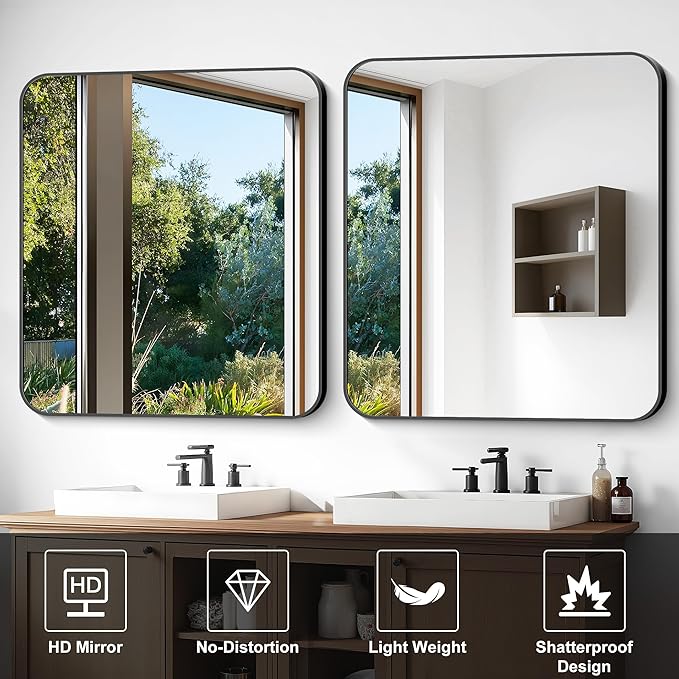 Bathroom Mirror, 40 x 36 inch Black Rectangle Wall Mirror, Metal Frame Rectangular Vanity Mirror, Rounded Corner Wall Mounted Mirror for Modern Bedroom Living Room Hangs Horizontal/Vertical