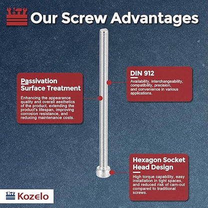 Kozelo 10pcs Socket Head Cap Screws - [M5-0.8 x 90mm] 304 Stainless Steel Allen Socket Drive for Electrical Motor 3D Printing Fan Engine Replacement Use, Silver