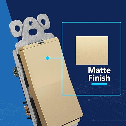 LIDER Minimalist Design Matte Finish Lighted Decorator Switch, Frameless Paddle Light Switch with Locator Light, Grounding Screw, 3-Way or Single Pole, 15A 120V, UL Listed, LS15-3W-GD5P, Gold, 5 Pack