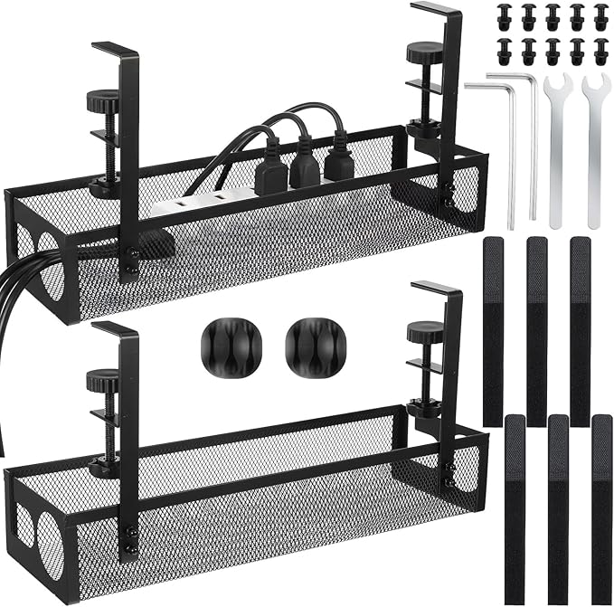 2 Pack Under Desk Cable Management Tray, 15 Inch No Drill Metal Mesh Organizer with Hybrid Side Slots, Wire Holder Storage Rack for Office Home Desk