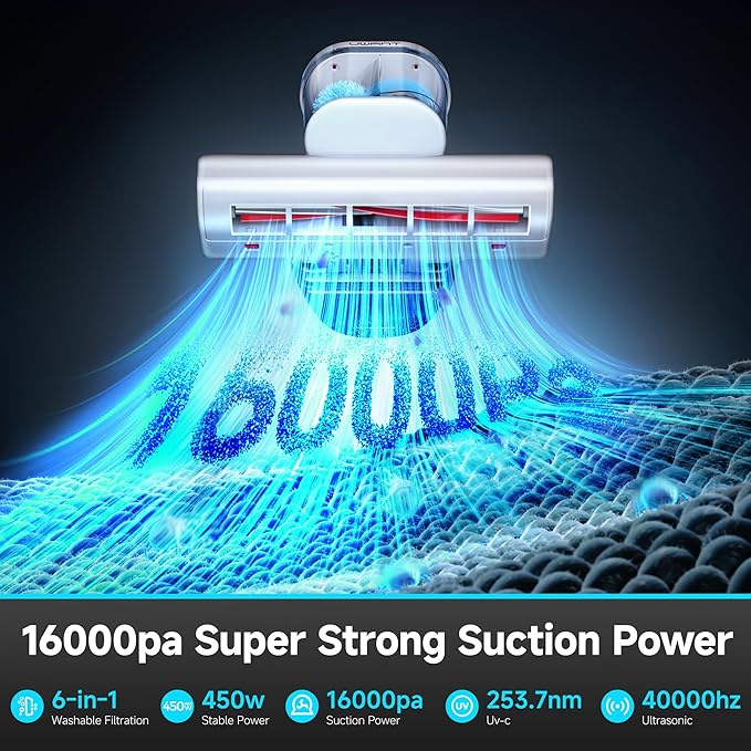 uwant Mattress Vacuum 450W 16Kpa 36000RPM/MIN Bed Vacuum with 149℉ Heating &Ultrasonic, Dual Dust Cup, Smart Display Screen Mattress Vacuums for Skin Health