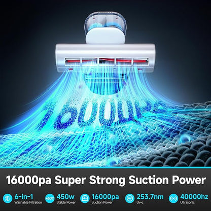 uwant Mattress Vacuum 450W 16Kpa 36000RPM/MIN Bed Vacuum with 149℉ Heating &Ultrasonic, Dual Dust Cup, Smart Display Screen Mattress Vacuums for Skin Health