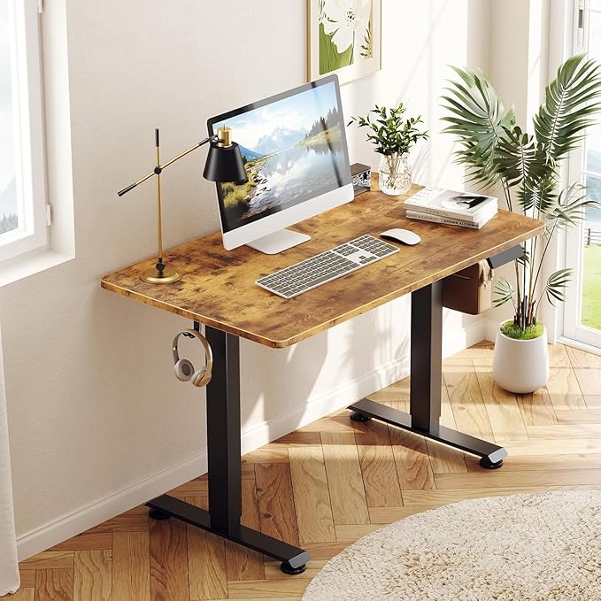 Veken 39.4" Small Electric Standing Desk, Height Adjustable Sit Stand Up, Wood Desktop, Work Home Office Computer PC Desks, Writing Study Bedroom Rising Table, Brown