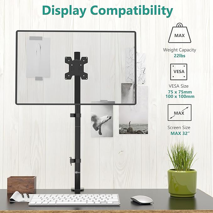 WALI Monitor Arm Mount for Desk, Single Extra Tall Computer Desk Mount, Monitor Bracket Mount Stand Single, up to 32 inch, 22 lbs (M001XL), Black
