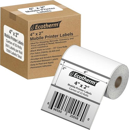 4" x 2" Mobile Printer Labels | 25 Rolls | 7500 Labels | fits Zebra ZQ630, QL420, and QLn420 Printers | Black Mark On Liner | .75" Core Rolls | by Ecotherm