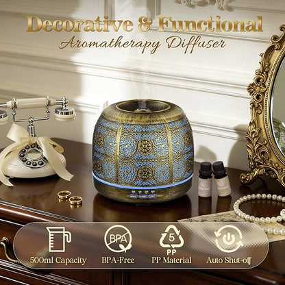 ARVIDSSON Essential Oil Diffuser, 500ml Aromatherapy Diffuser for Home, Ultrasonic Diffusers for Essential Oils, Metal Oil Diffuser with Mist Timer and Color Mood Light, Gift for Women and Men