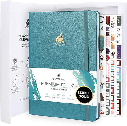 Clever Fox Planner Premium Edition – Undated Luxurious Weekly & Monthly Planner to Increase Productivity and Hit Your Goals – Organizer – Start Anytime, A5, Lasts 1 Year, Aquamarine (Weekly)