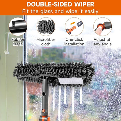 Chabatree Window Squeegee Cleaner Set 2-in-1 Window Cleaning Tool with Extendable Pole, Window Cleaning kit with Bendable Head for Indoor & Outdoor Glass for Car Indoor Outdoor High Windows（Kit1.0）