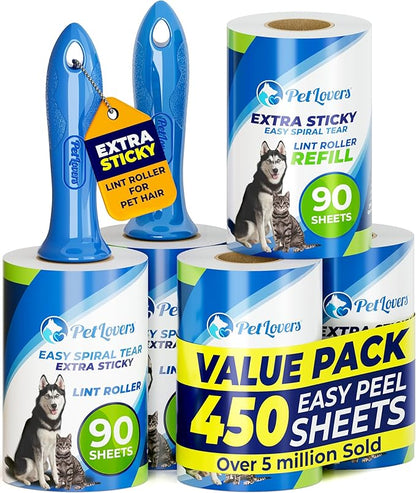 PetLovers Extra Sticky Lint Roller Mega Value Set 450 Sheets for Pet Hair Removal and Clothes, Dog and Cat Lint Remover 5 Pack